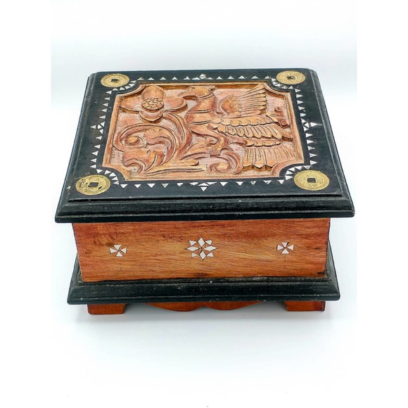 Mid Century Wood Hand Carved Jewelry Box